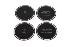 Coaster set / 10cm / Rreth / Porcelan / Fushe e zeze me diameter te bardhe + Tekst i bardhe