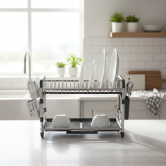 Binca Dish Rack – Osemetri tharëse enësh alumini kundër ndryshkut me tabaka dhe mbajtëse takëmësh
