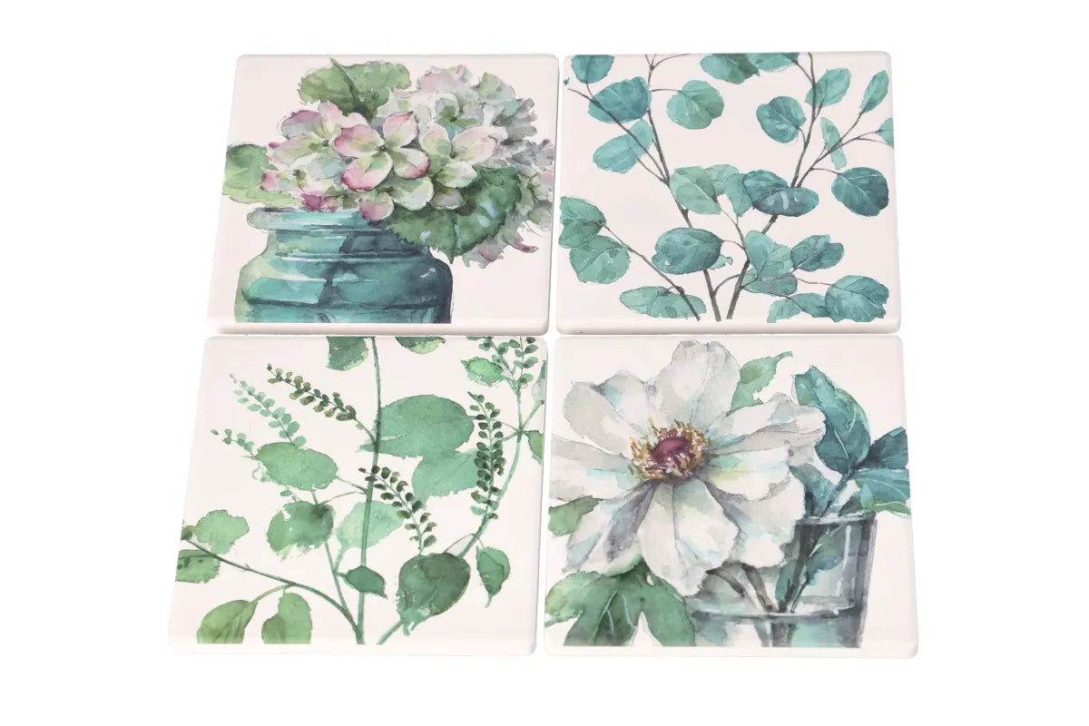 Coaster set / 10cm / Katror / Porcelan / Ilustrim Lule + Gjethe