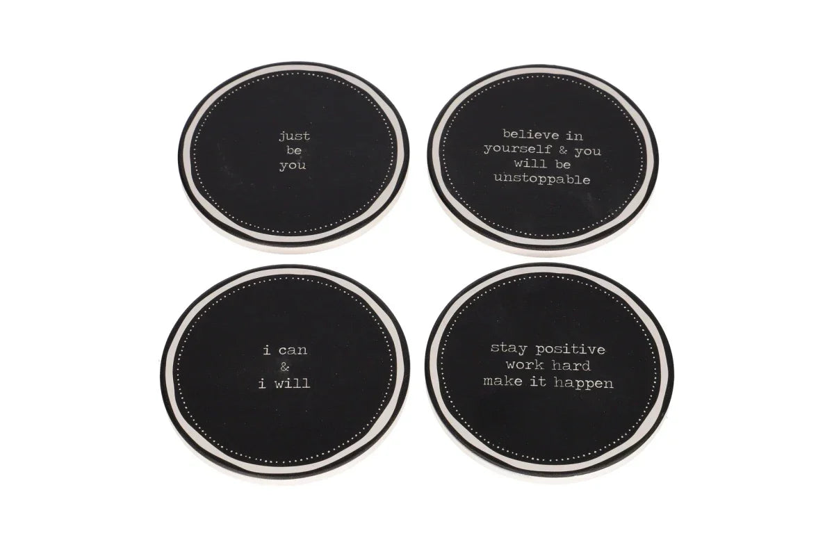 Coaster set / 10cm / Rreth / Porcelan / Fushe e zeze me diameter te bardhe + Tekst i bardhe