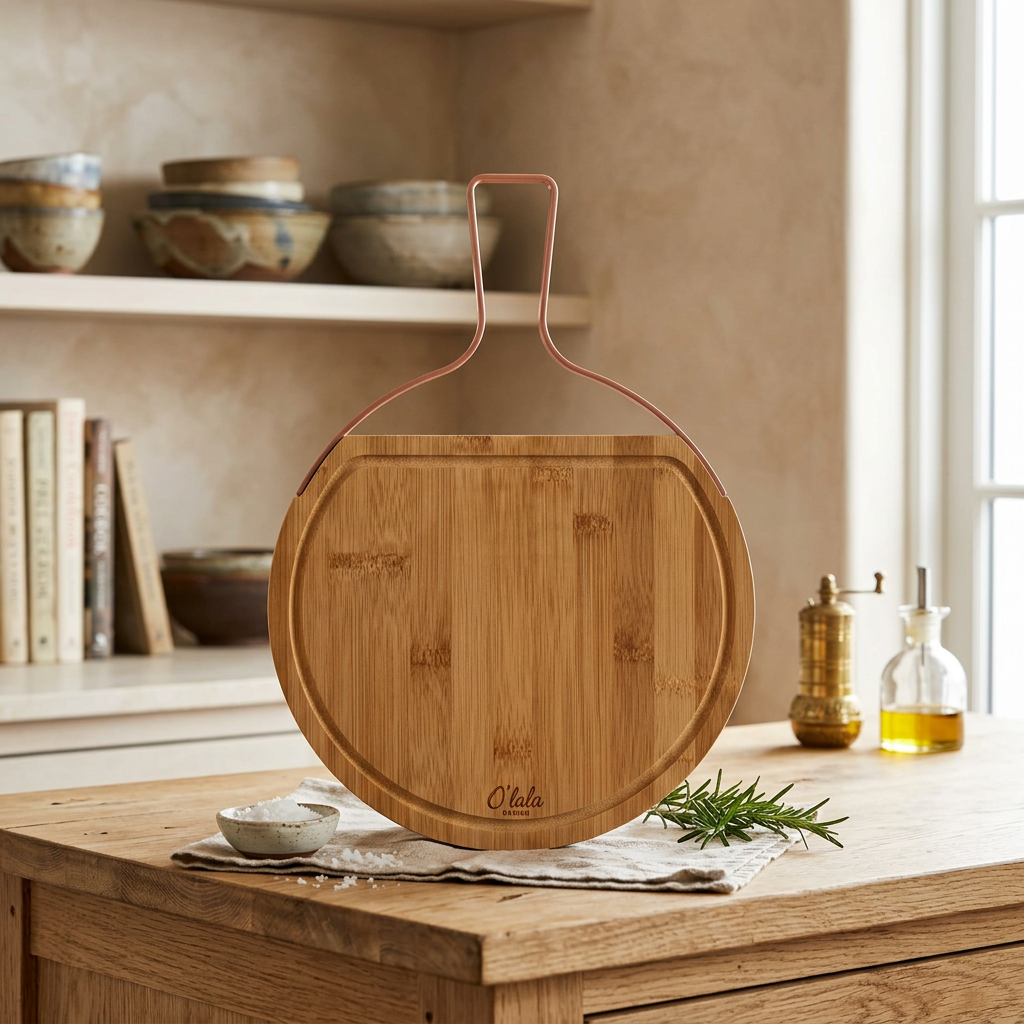 Dërrasë Prerëse Bambuje Rrethore O'lala Design me Menteshë Raketë, 32 cm
