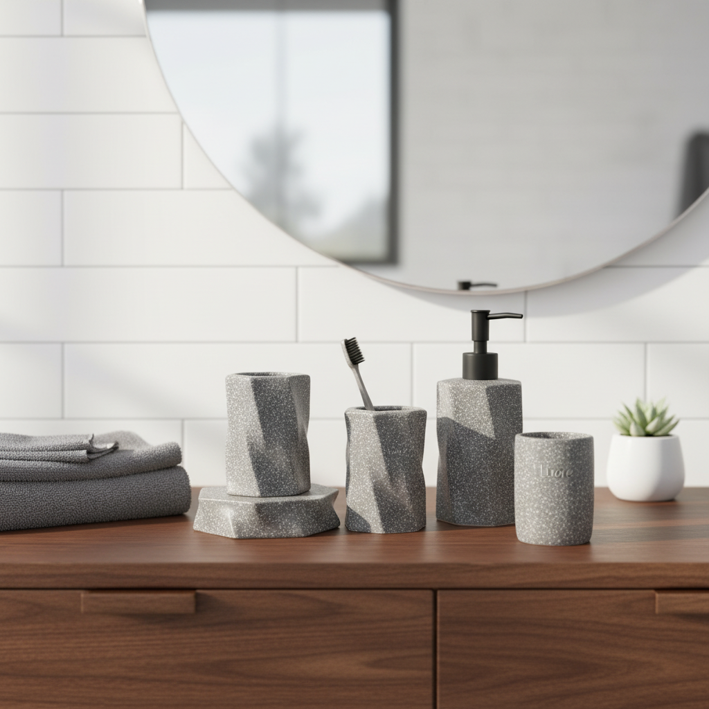 Aksesore Tualeti / Set 4 cope / Gri Efekt Marble me Kok te Zeze