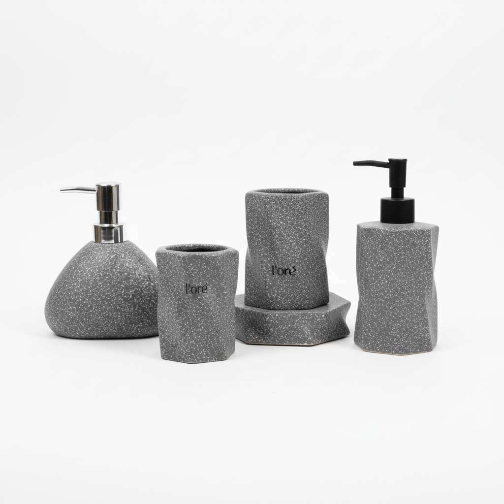 Aksesore Tualeti / Set 4 cope / Gri Efekt Marble me Kok te Zeze