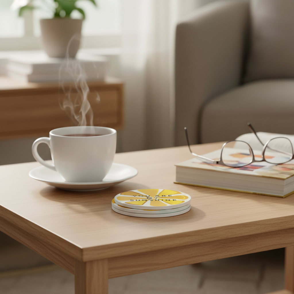 Coaster set / 10cm / Rreth / Porcelan / Verdhe Limon + tekst