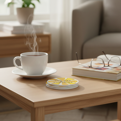 Coaster set / 10cm / Rreth / Porcelan / Verdhe Limon + tekst