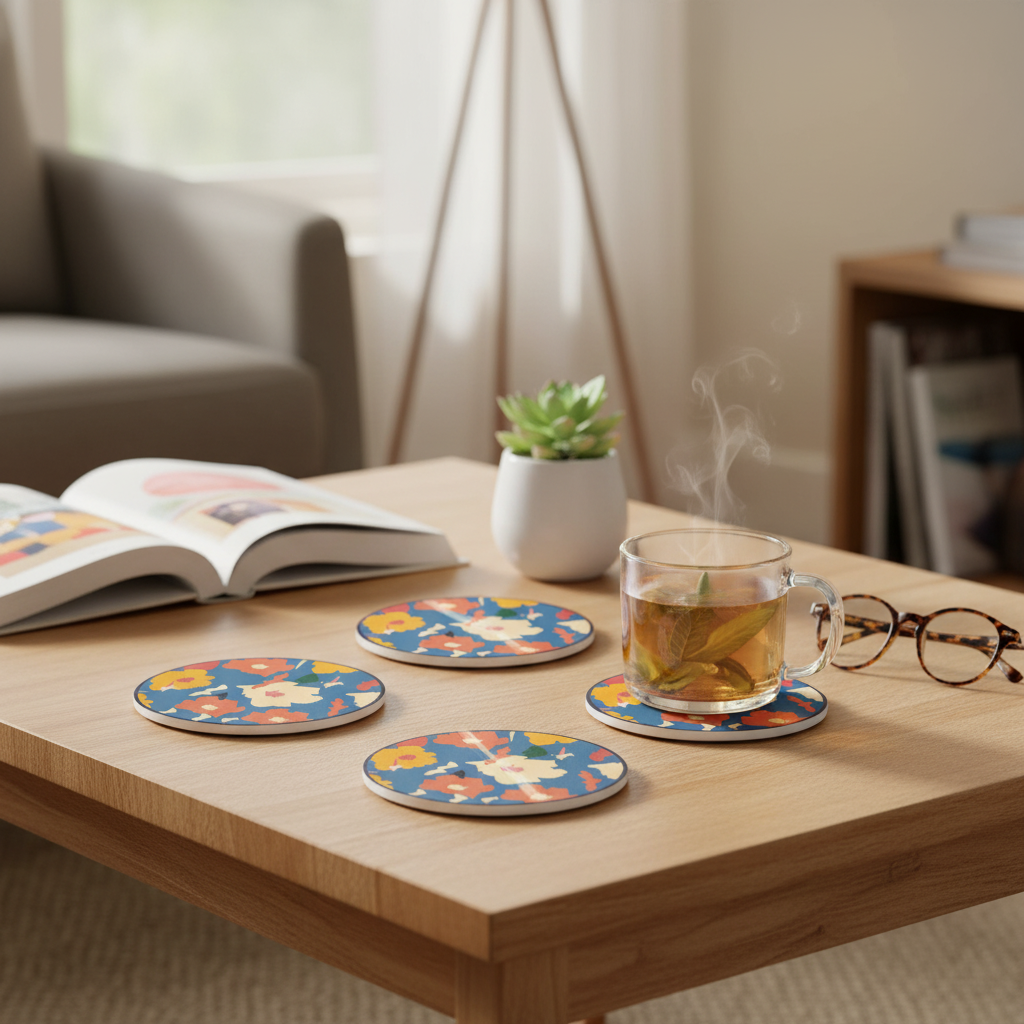 Coaster set / 10cm / Rreth / Porcelan / Ilustrime lulesh dhe gjethesh
