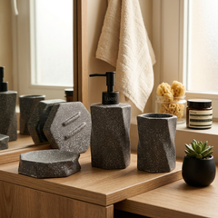 Aksesore Tualeti / Set 4 cope / Gri Efekt Marble me Kok te Zeze