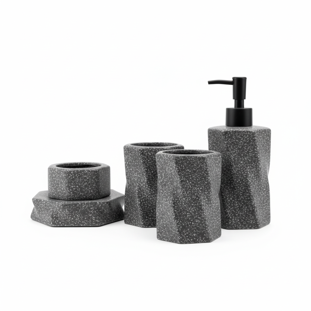 Aksesore Tualeti / Set 4 cope / Gri Efekt Marble me Kok te Zeze