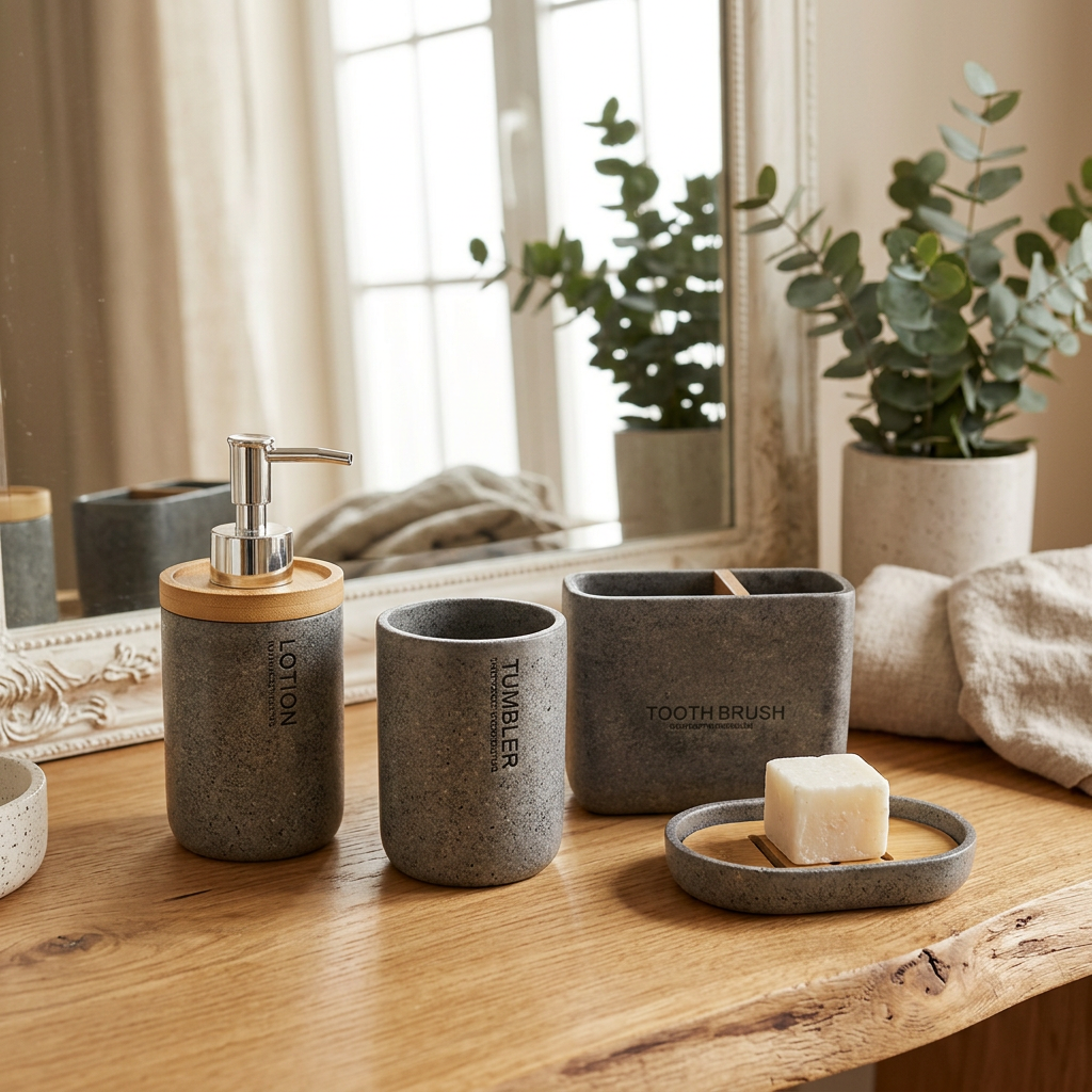 Aksesore Tualeti / Set 4 cope / Gri / Material Guri me dru