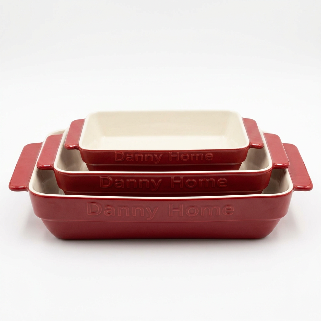 Danny Home Set Tavash Pjekjeje Porcelani, 3 Copë, Drejtkëndëshe, Ngjyrë e Kuqe