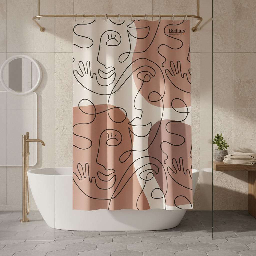 Bathlux Perde Dushi 180x200 cm, Poliester, Model Abstrakt Rozë me Fytyra