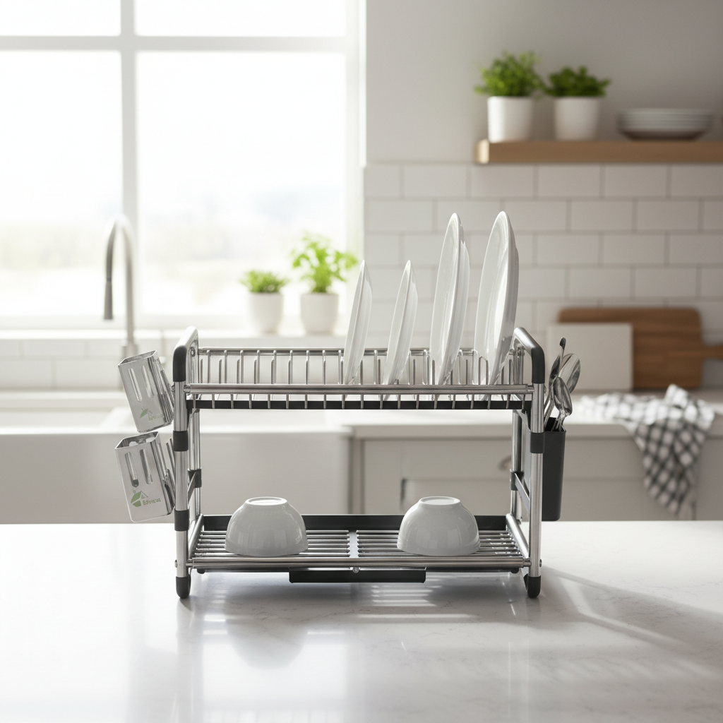 Binca Dish Rack – Osemetri tharëse enësh alumini kundër ndryshkut me tabaka dhe mbajtëse takëmësh